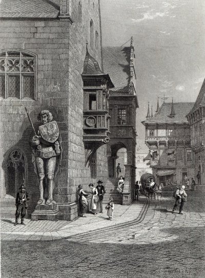 ハルバーシュタットのタウンホール、E.ジュベールの彫刻、カッセル＆カンパニー・リミテッドの印刷（彫刻 作： Carl Friedrich Heinrich Werner