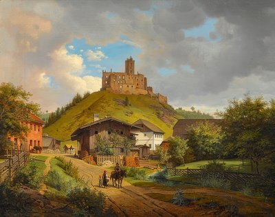 ヒルガルツベルク城の遺跡とドナウ川のホフマルクの景色。 1829 作： Carl Friedrich Heinzmann