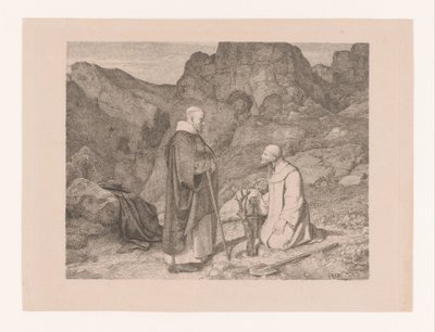 山の風景の中の剪定された木の近くにいる 2 人の修道士 作： Carl Friedrich Lessing