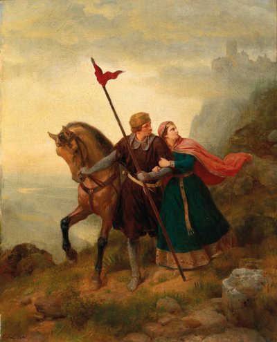 逃げるワルサーとヒルデグンド、1841年。 作： Carl Friedrich Lessing
