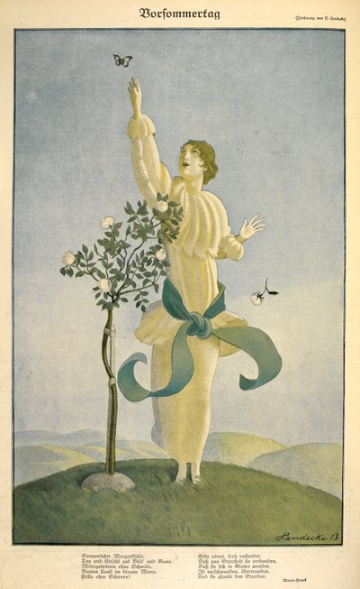 詩 "Vorsommertag" のドローイング: .詩 "Vorsommertag" のドローイング。 蝶に手を伸ばす女性。 作： Carl Friedrich Otto Lendecke