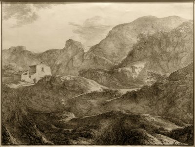 山の風景、左側にある家の前にハイカー 作： Carl Friedrich von Rumohr