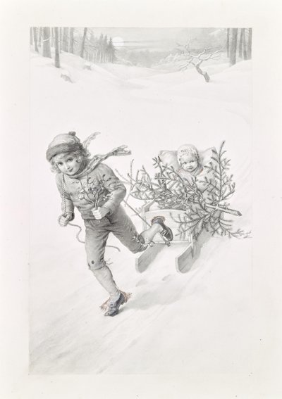 冬景色の中を旅する二人の子供 作： Carl Fröschl