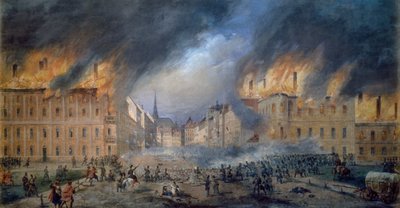 1848 年 10 月 28 日の Jagerzeile の Sternbarrikade での戦い、ウィーンでの革命、都市での火事、Carl Goebel (1824-1899) による絵画、オーストリア 作： Carl Goebel