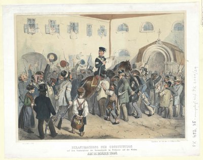 1848年3月15日、ヴィーデンのフライハウス（自由会館）にある州兵の集会所での憲法布告（カラーリトグラフ） 作： Carl Goebel