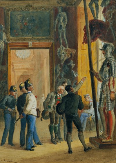 オーストリアの将校と 2 人のチロル人が、ローワー ベルヴェデーレでアンブラ コレクションを鑑賞 作： Carl Goebel d. J.