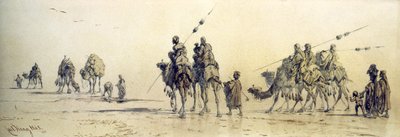 砂漠の井戸に近づくベドウィンのキャラバン、1868年（鉛筆と紙の上で洗う） 作： Carl Haag