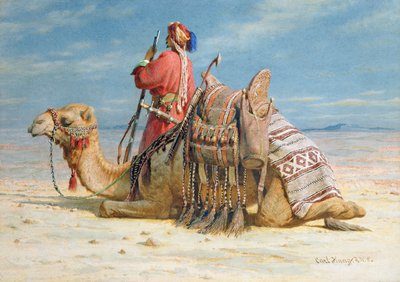 砂漠で休む遊牧民とそのラクダ、1874 作： Carl Haag