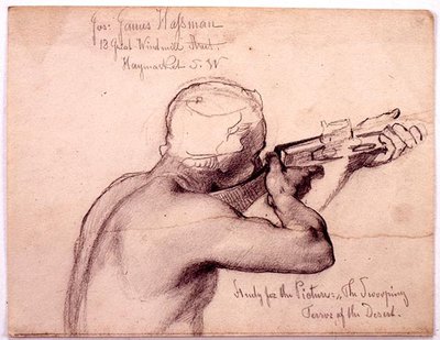 マスケット銃を持ったアラブ人、「砂漠の急襲の恐怖」のための習作（鉛筆・紙） 作： カール・ハーグ