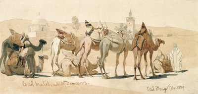 1859年のダマスカス郊外のラクダ市場（鉛筆と紙で洗う） 作： Carl Haag