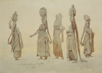女性の水運搬船、ナザレス、1859年（鉛筆と紙で洗う） 作： Carl Haag