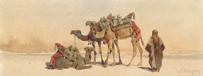1859年に砂漠で3つのラクダで休憩 作： Carl Haag