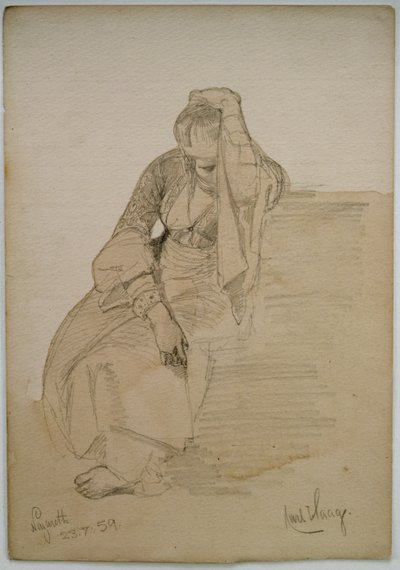 座っている女性の研究、ナザレ、1859（紙に鉛筆とトイレットウォッシュ） 作： Carl Haag