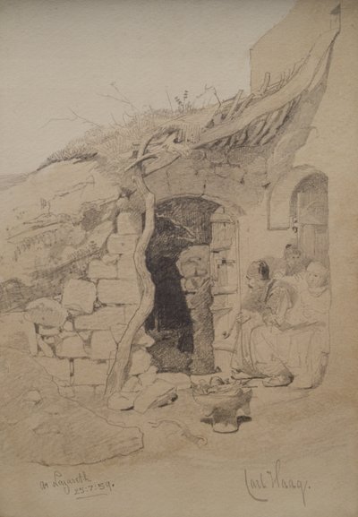 家の外に座った3人の人物、ナザレ、1859（鉛筆と紙の上で洗う） 作： Carl Haag