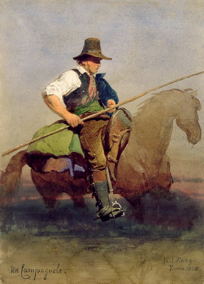 「Un Campagnole」、ローマの農民、乗馬、1858 作： Carl Haag