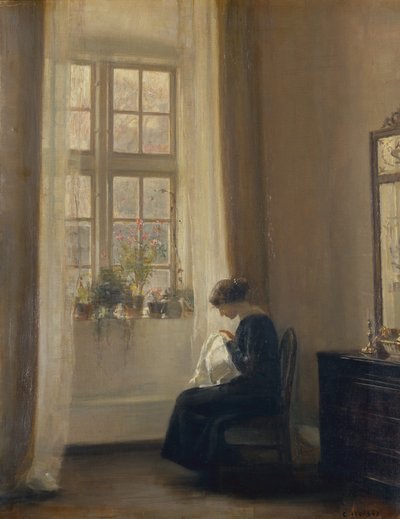 インテリアで裁縫をする少女（キャンバスに油彩） 作： Carl Holsoe