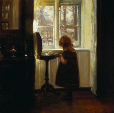 裁縫台のそばに立つ少女（帆布に油彩） 作： Carl Holsoe