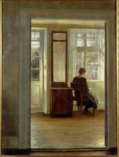 インテリアの女性（キャンバスに油彩） 作： Carl Holsoe