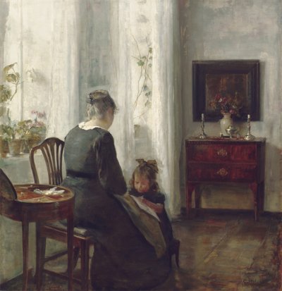 インテリアの母と子（キャンバスに油彩） 作： Carl Holsoe