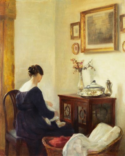 インテリアの母と子（キャンバスに油彩） 作： Carl Holsoe