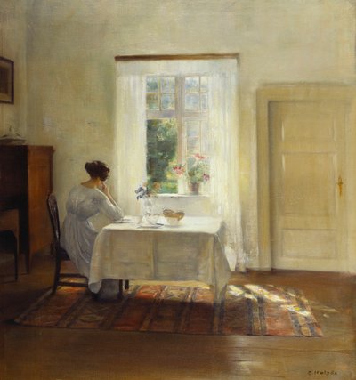 窓際のテーブルに座っている女性（帆布に油彩） 作： Carl Holsoe
