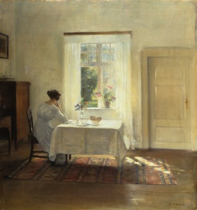 窓辺のテーブルに座る女性」1900年頃（油彩・キャンバス 作： Carl Holsoe