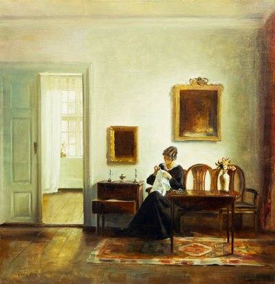 インテリアで縫う女性（キャンバスに油彩） 作： Carl Holsoe