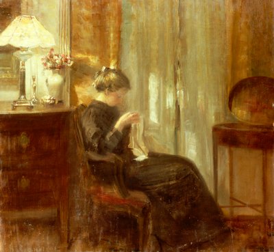 インテリアで縫う女性（パネルに油彩） 作： Carl Holsoe