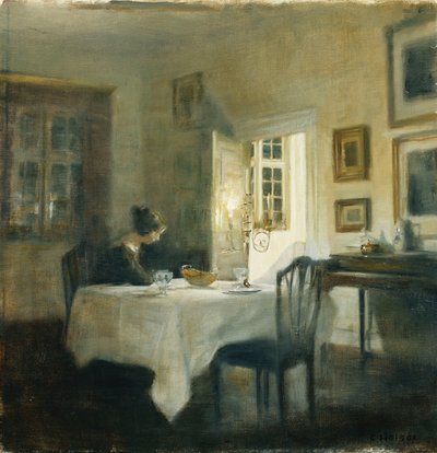食堂のテーブルにいる女性 作： Carl Holsoe