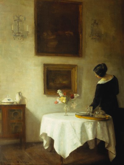 ダイニングテーブルのそばの女性（キャンバスに油彩） 作： Carl Holsoe