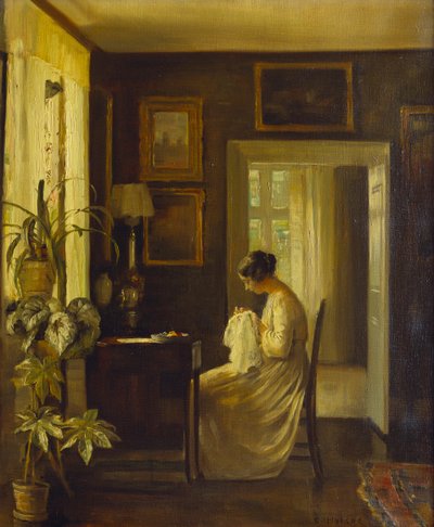 女性が縫うインテリア（キャンバスに油彩） 作： Carl Holsoe