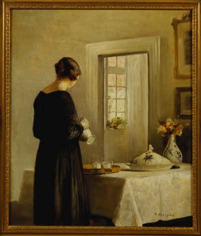 テーブルに女性がいるインテリア（キャンバスに油彩） 作： Carl Holsoe