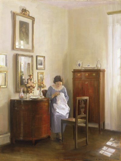 レディソーイングのあるインテリア、1910年頃 作： Carl Holsoe