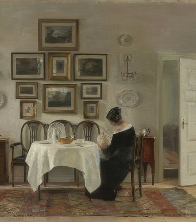 テーブルで母と子 作： Carl Holsoe