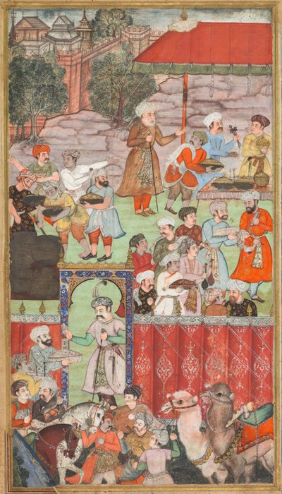 1505 年 5 月に異母兄弟のジャハンギル ミルザがガズニで主催したバーブルの饗宴、Babur-nama (Babur の回顧録) より 作： Carl Julius Rieden