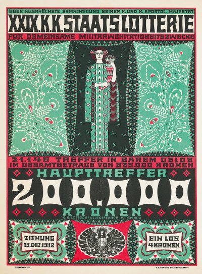 1912 年に第 24 回王立オーストリアの慈善宝くじを宣伝するポスター 作： Carl Krenek