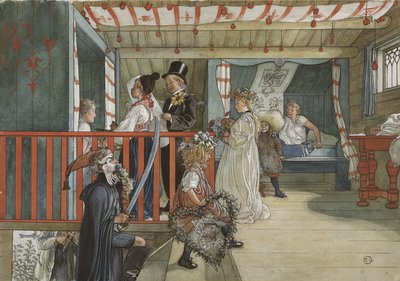 お祝いの日、「A Home」シリーズ、1895年頃（紙に水彩） 作： Carl Larsson