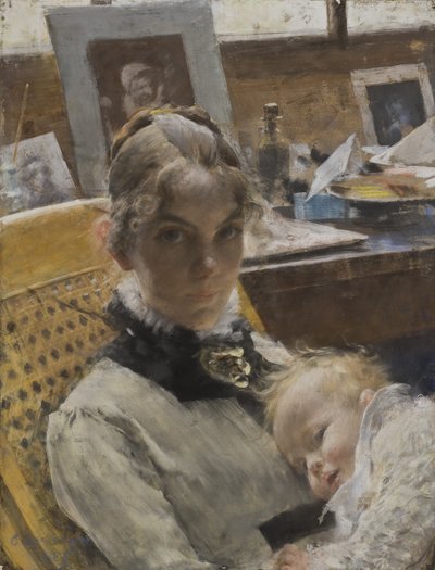 スタジオアイディル：アーティストの妻とその娘スザンヌ、1885年（パステル） 作： Carl Larsson