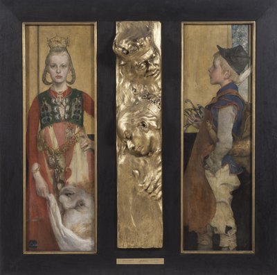 スウェーデンのおとぎ話、レリーフパネルとフレームのあるディプティク、1897年（油彩、キャンバス、金色の木製レリーフ） 作： Carl Larsson