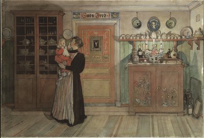 クリスマスと新年の間に、Aホームシリーズから、c.1895（紙にトイレ） 作： Carl Larsson