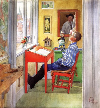 宿題をするエスビョルン、1912年（WC、ガッシュ、鉛筆、キャンバス） 作： Carl Larsson
