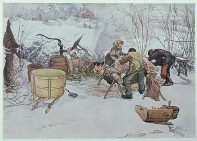 「豚を殺す」、「マイリトルファーム」のイラスト、1904年にスウェーデンで出版 作： Carl Larsson