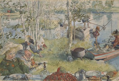 La peche aux ecrevisses - Crayfishing, by Larsson, Carl (1853-1919).紙にアクリル絵の具。寸法：32x43 cm。ストックホルム国立博物館 作： Carl Larsson