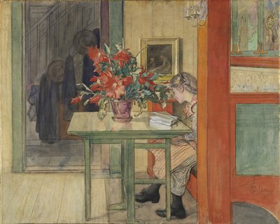 リズベス・リーディング（紙にテンペラ付きトイレ） 作： Carl Larsson
