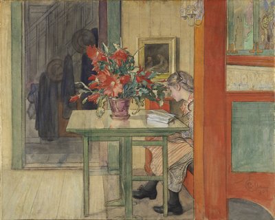 ラルソン、カール（1853-1919）の「リスベット・リザント-リスベット・リーディング」。水彩、テンペラ、紙 作： Carl Larsson