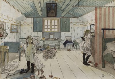 マンマと小さな女の子の部屋、Aホームシリーズ、c.1895（紙にトイレ） 作： Carl Larsson