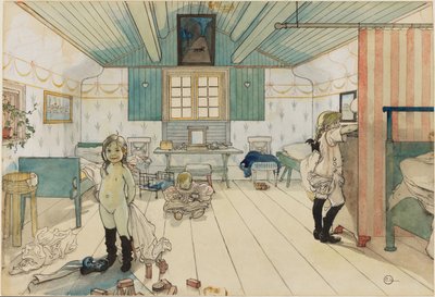 母親と幼い少女たちの部屋。『ある家庭』（水彩画26点）より 作： カール・ラーソン