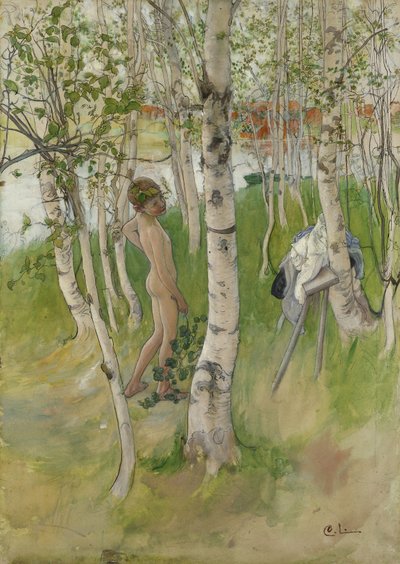 白樺の中で裸の少年、1898年（紙にトイレ） 作： Carl Larsson
