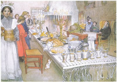 クリスマス・イブの夜、大広間の巨大な長テーブルは料理で埋め尽くされる（カラーリトグラフ） 作： Carl Larsson