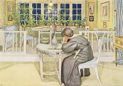 イギリスへの旅の前の夕方-研究室、パブ。 「Lasst Licht Hinin」（「Let in More Light」）、1909 作： Carl Larsson